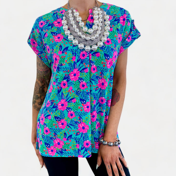 Mint Multi Floral Lizzy Short Sleeve Top