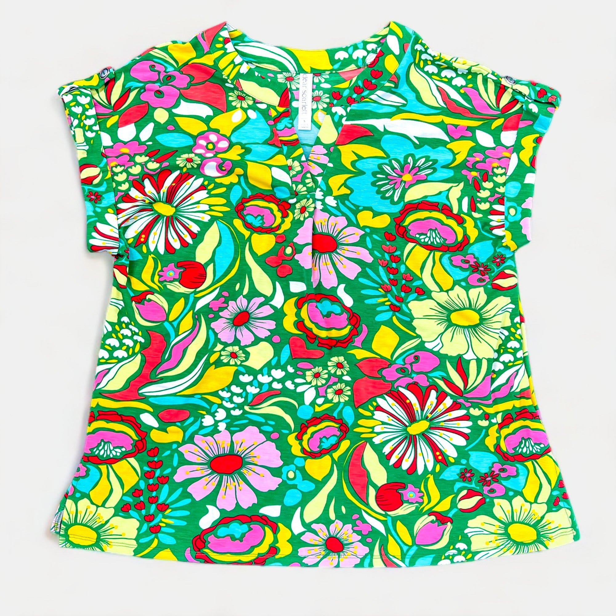 Green Retro Floral Lizzy Short Sleeve Top