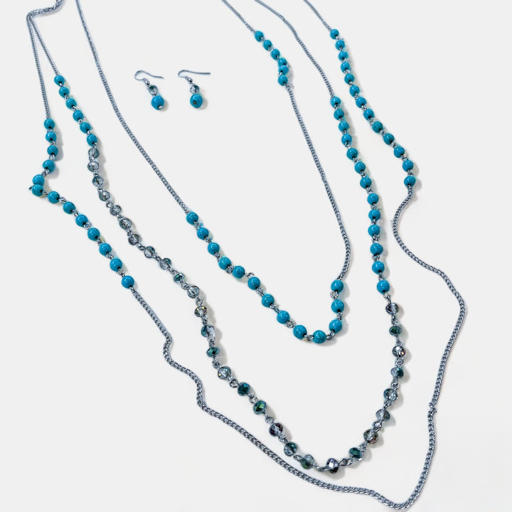 Turquoise Mix Bead Long Layered Necklace Set