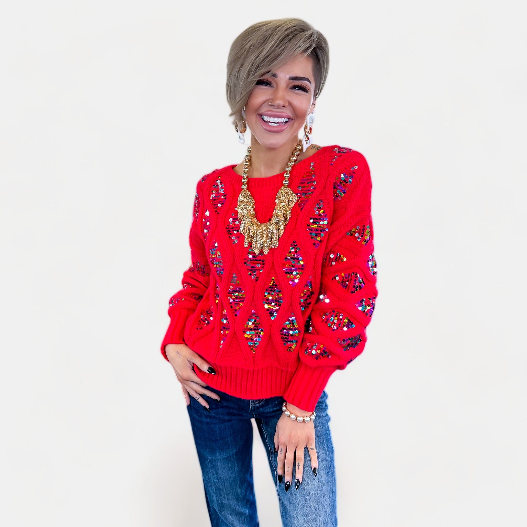 Red Sequin Knit Sweater