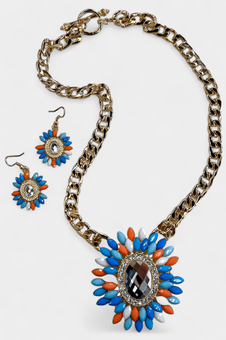 Blue & Orange Crystal Flower Necklace Set