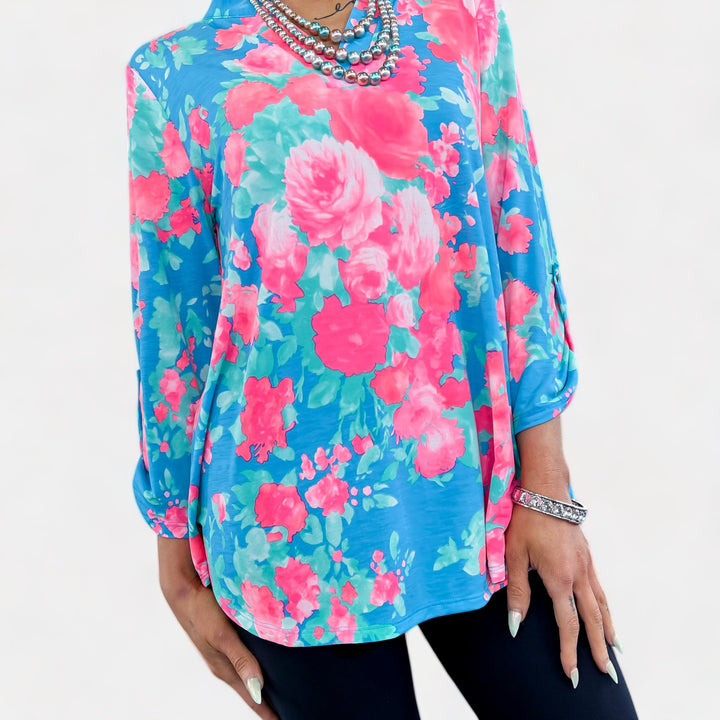 Blue Floral Abstract Lizzy Top