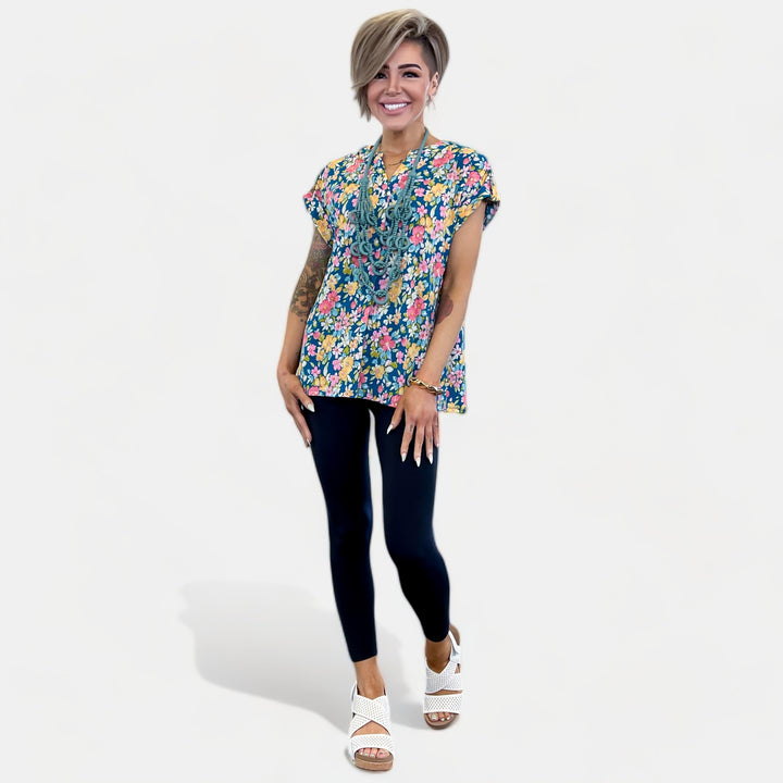 Teal Multi Floral Lizzy Short Sleeve Top