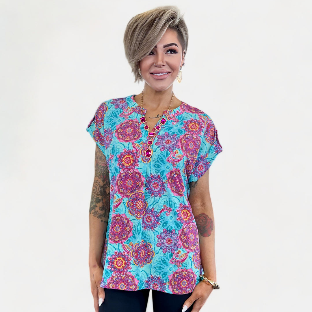 Teal Multi Floral Lizzy Short Sleeve Top
