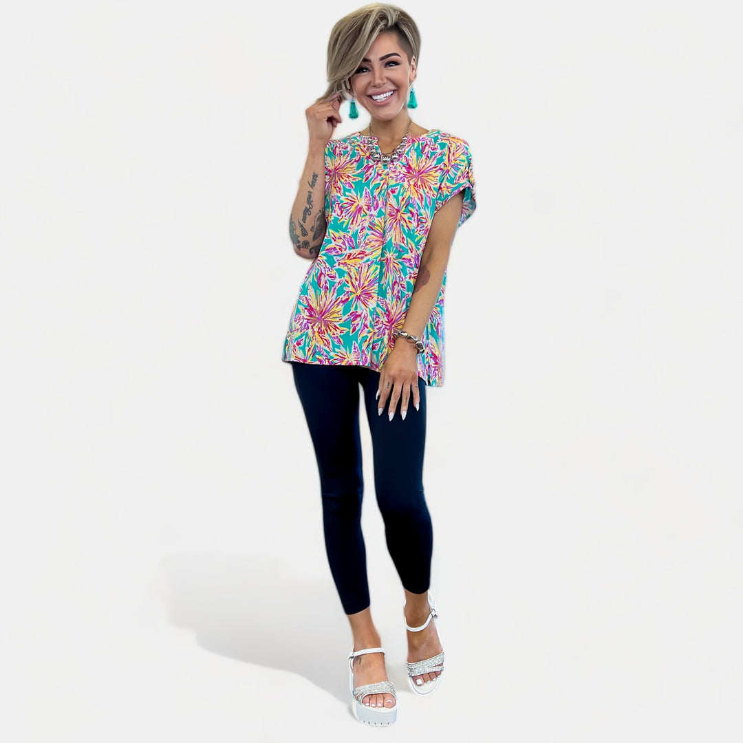 Emerald Multi Floral Lizzy Short Sleeve Top
