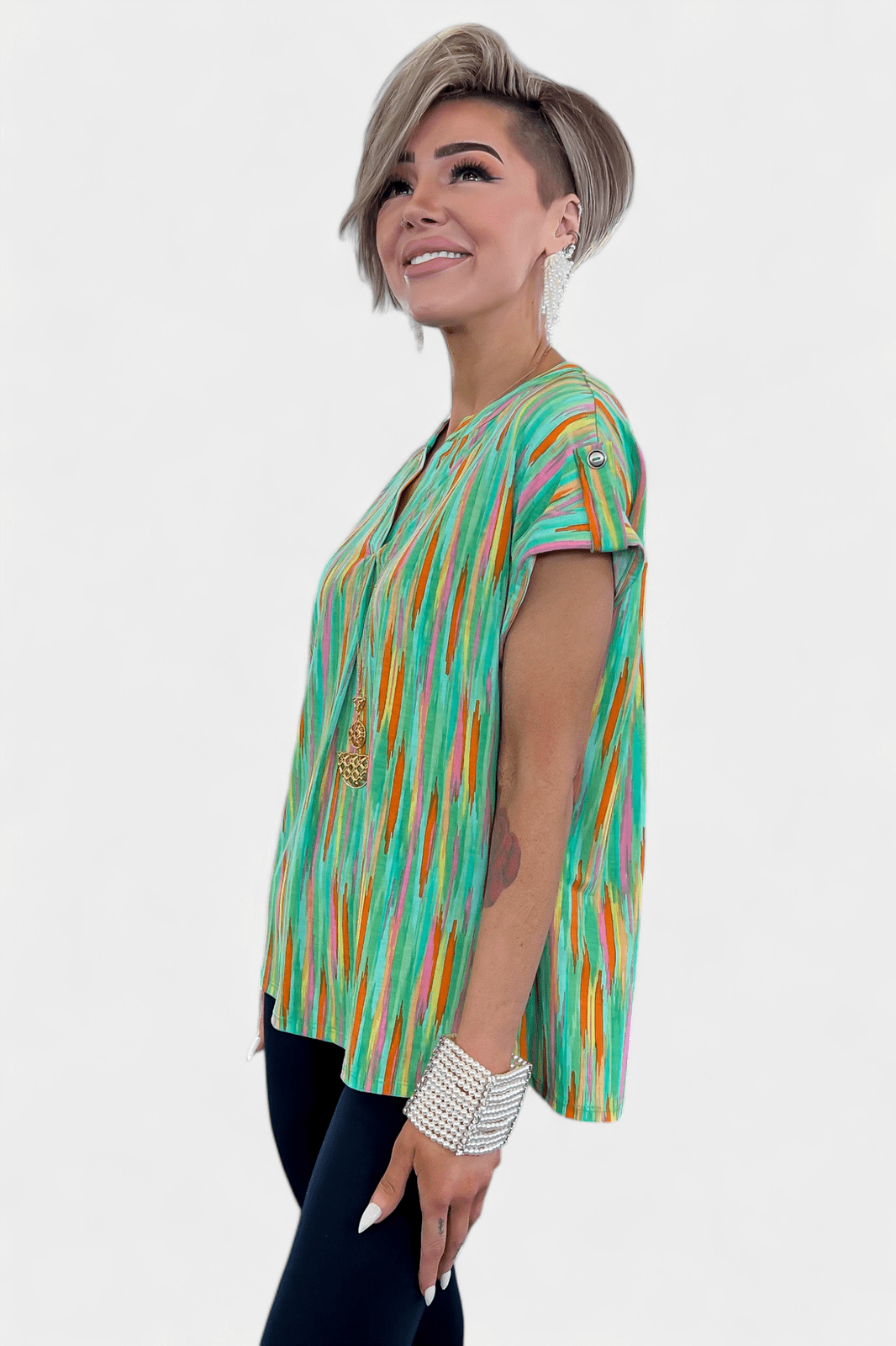 Emerald Multi Abstract Lizzy Short Sleeve Top