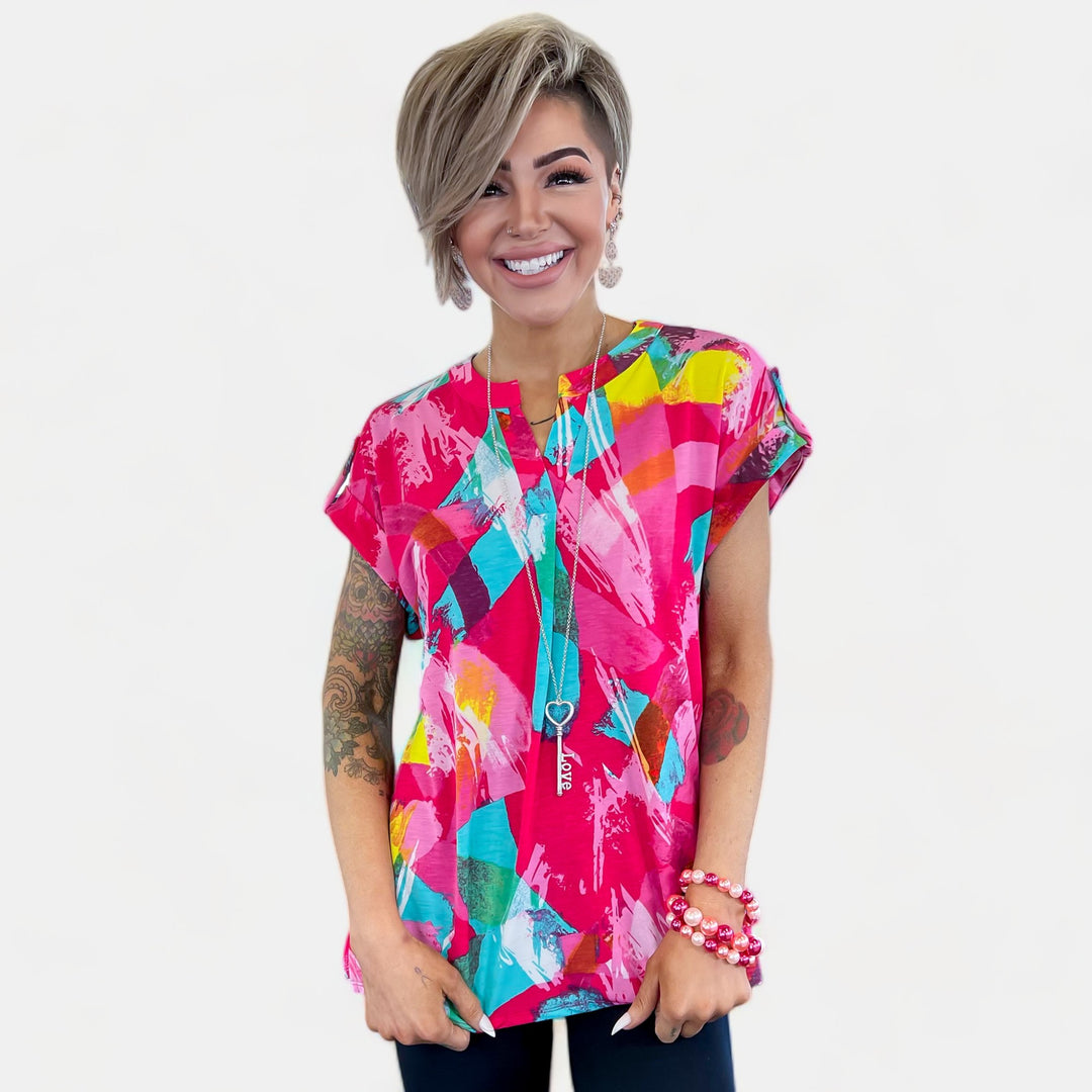 Coral Multi Abstract Lizzy Short Sleeve Top