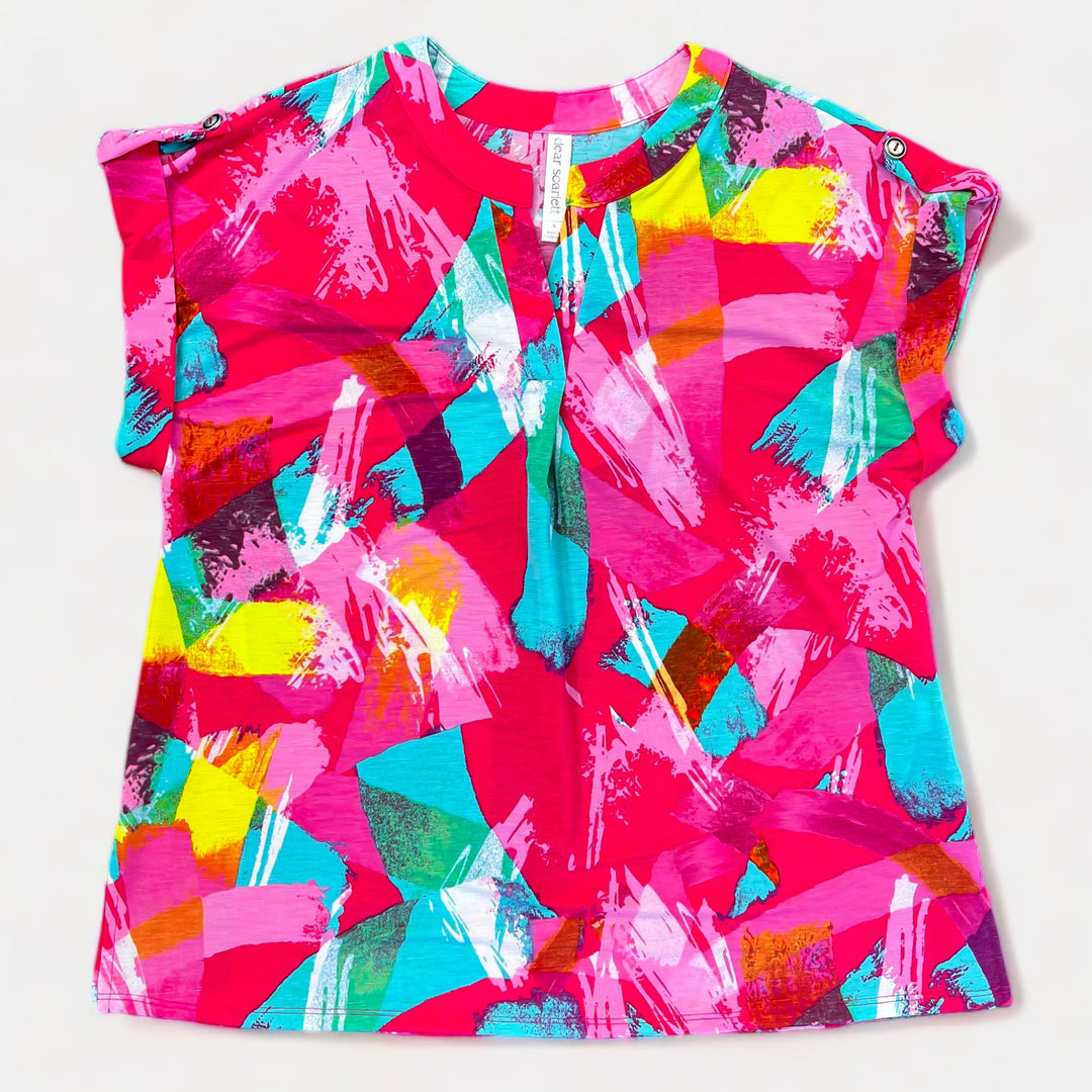Coral Multi Abstract Lizzy Short Sleeve Top
