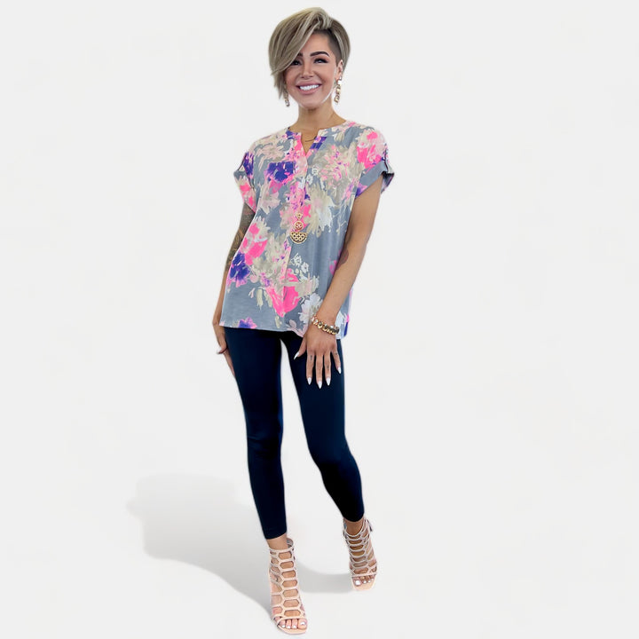 Grey & Pink Floral Lizzy Short Sleeve Top