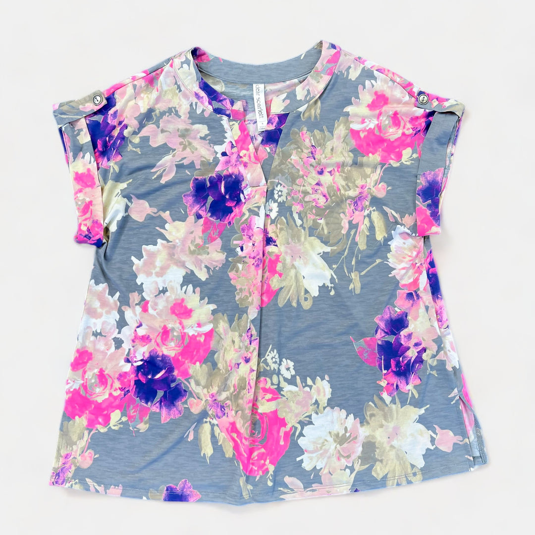 Grey & Pink Floral Lizzy Short Sleeve Top