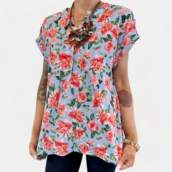 Blue Multi Floral Lizzy Short Sleeve Top