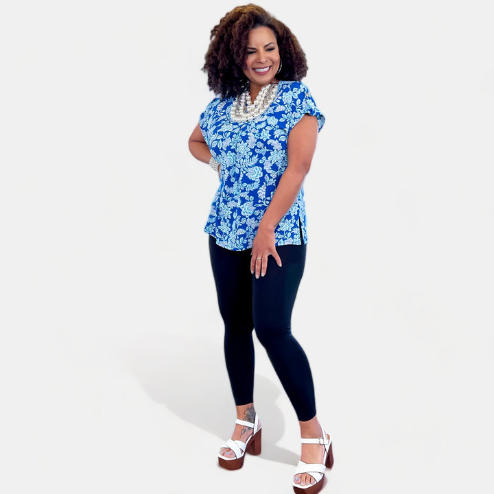 Royal Floral Lizzy Short Sleeve Top