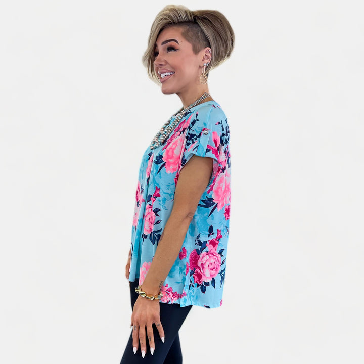 Blue & Pink Floral Lizzy Short Sleeve Top