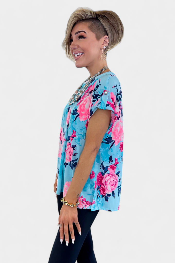 Blue & Pink Floral Lizzy Short Sleeve Top