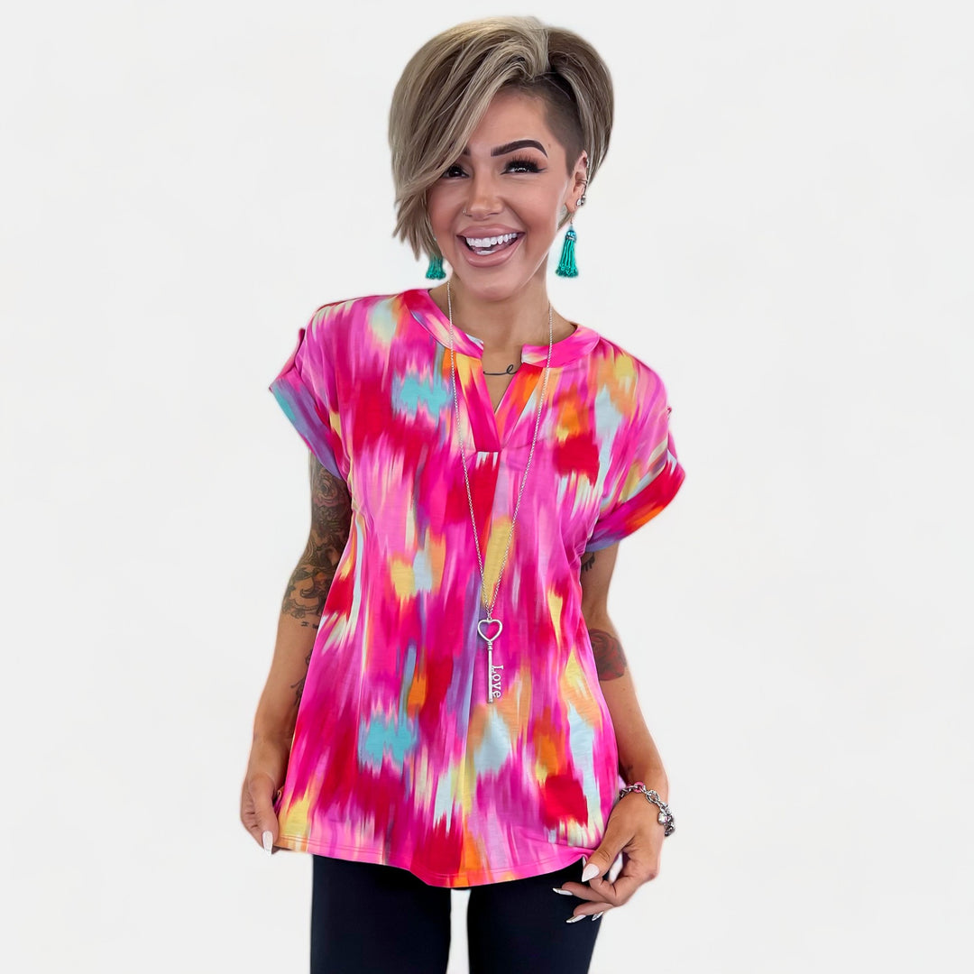 Hot Pink Abstract Lizzy Short Sleeve Top