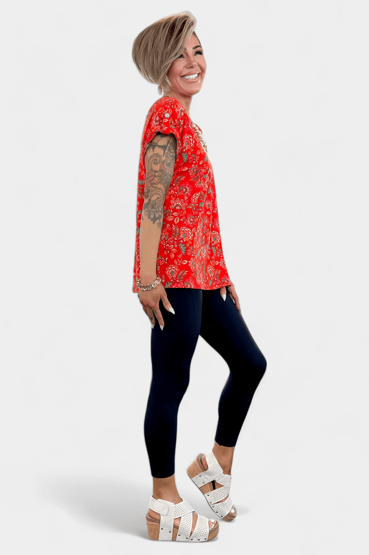 Red Floral Lizzy Short Sleeve Top