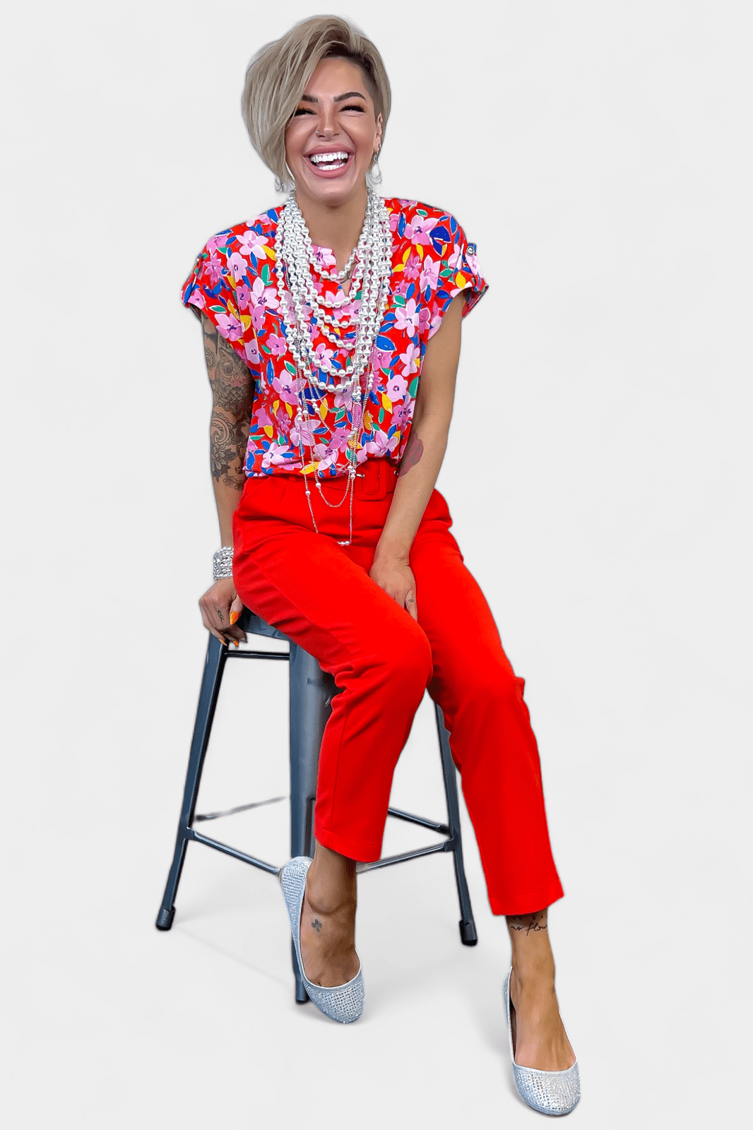 Red Multi Floral Lizzy Short Sleeve Top