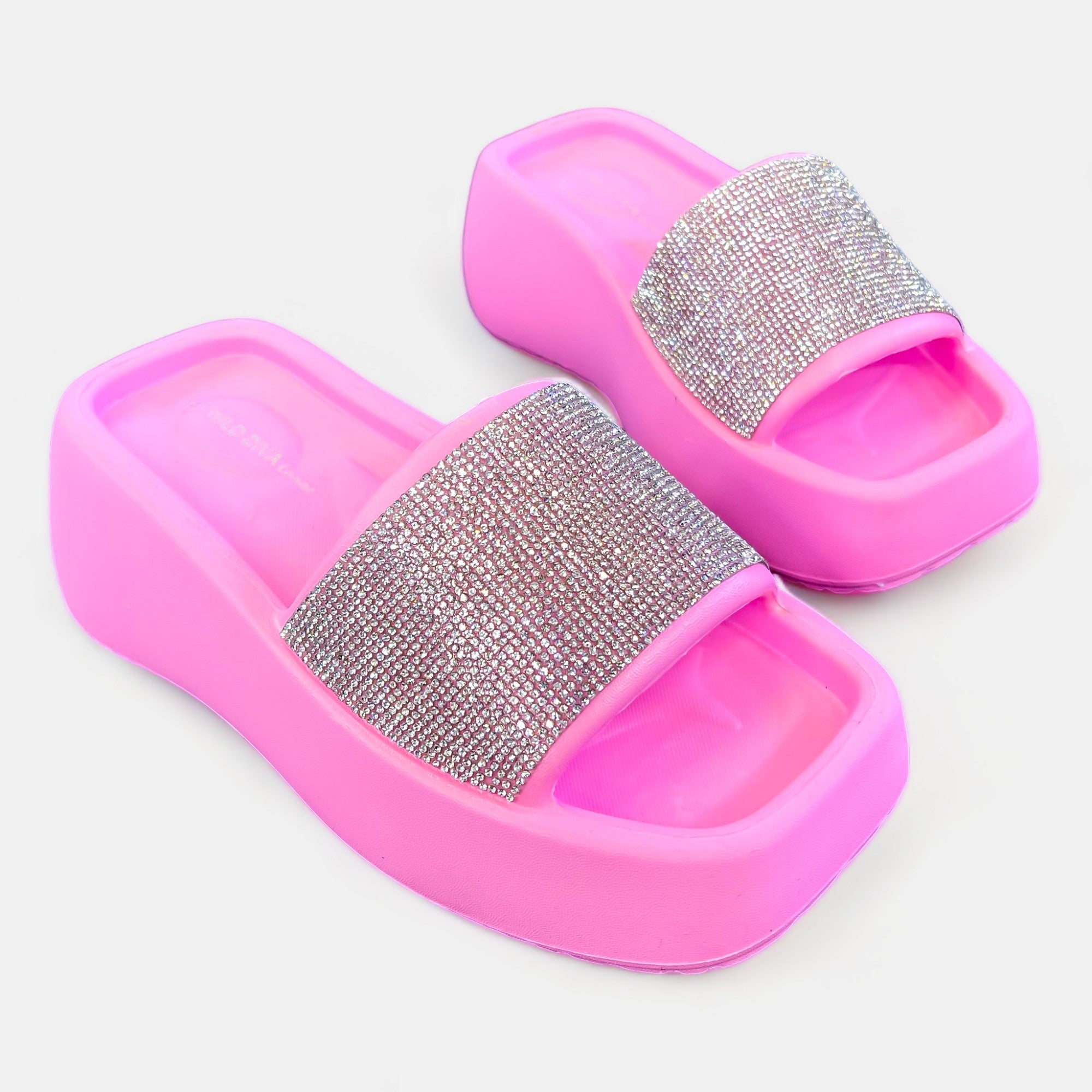 Pink Rhinestone Slip On Platform Sandals