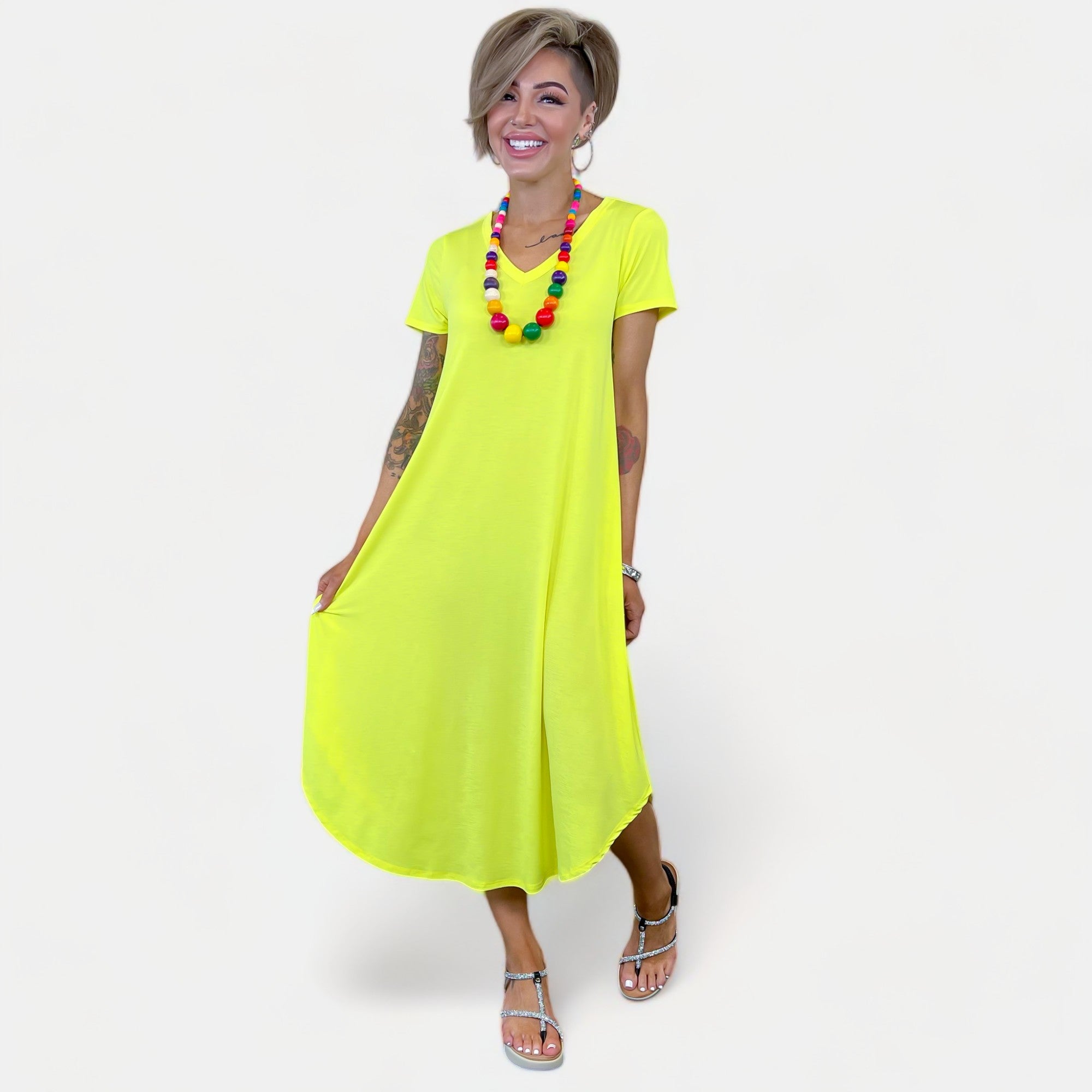 Neon Yellow V Neck Midi Dress