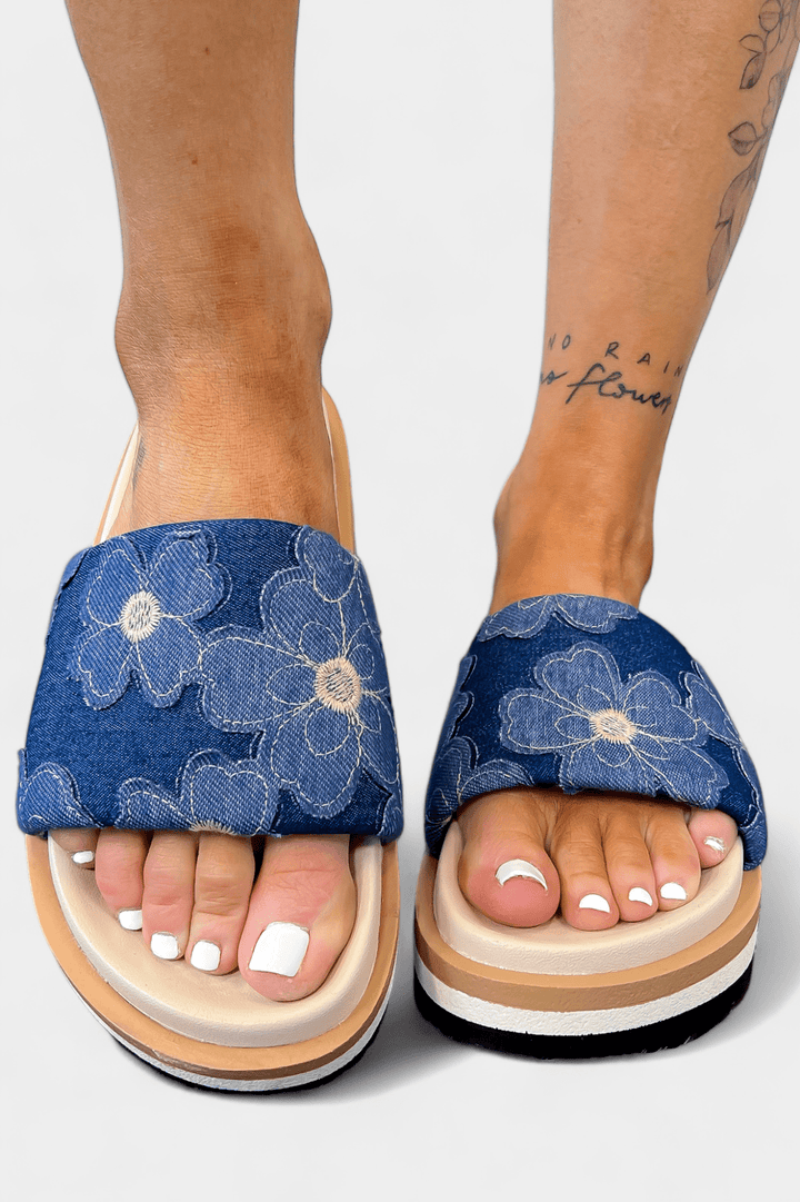 Blue Denim Slip On Platform Sandals