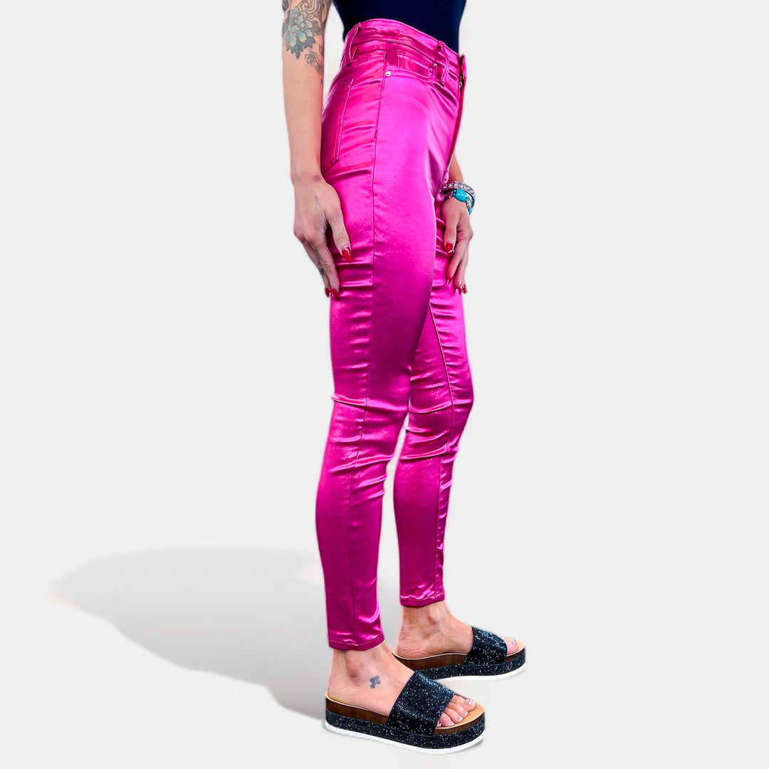Hot Pink Metallic High Rise Skinny Pants