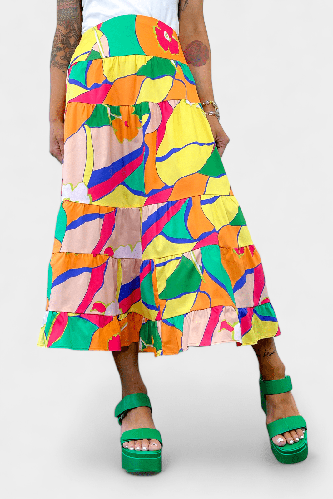 Abstract Floral Tiered Maxi Skirt