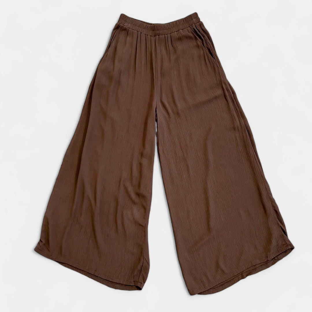 Brown Woven Crinkle Wide Leg Pants