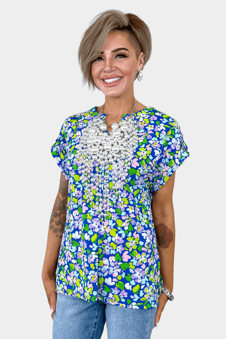 Royal Multi Floral Lizzy Short Sleeve Top