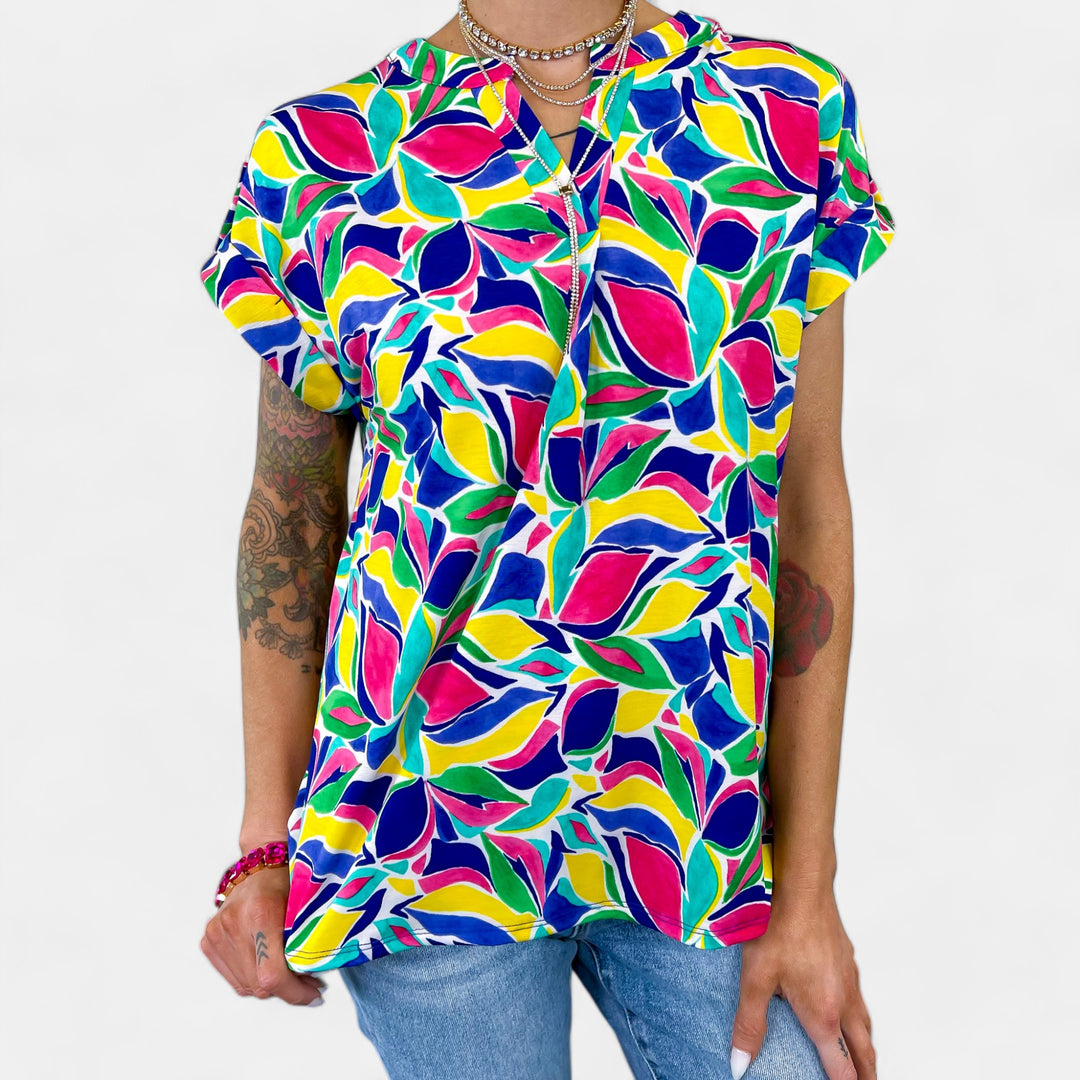 Royal Multi Abstract Lizzy Short Sleeve Top