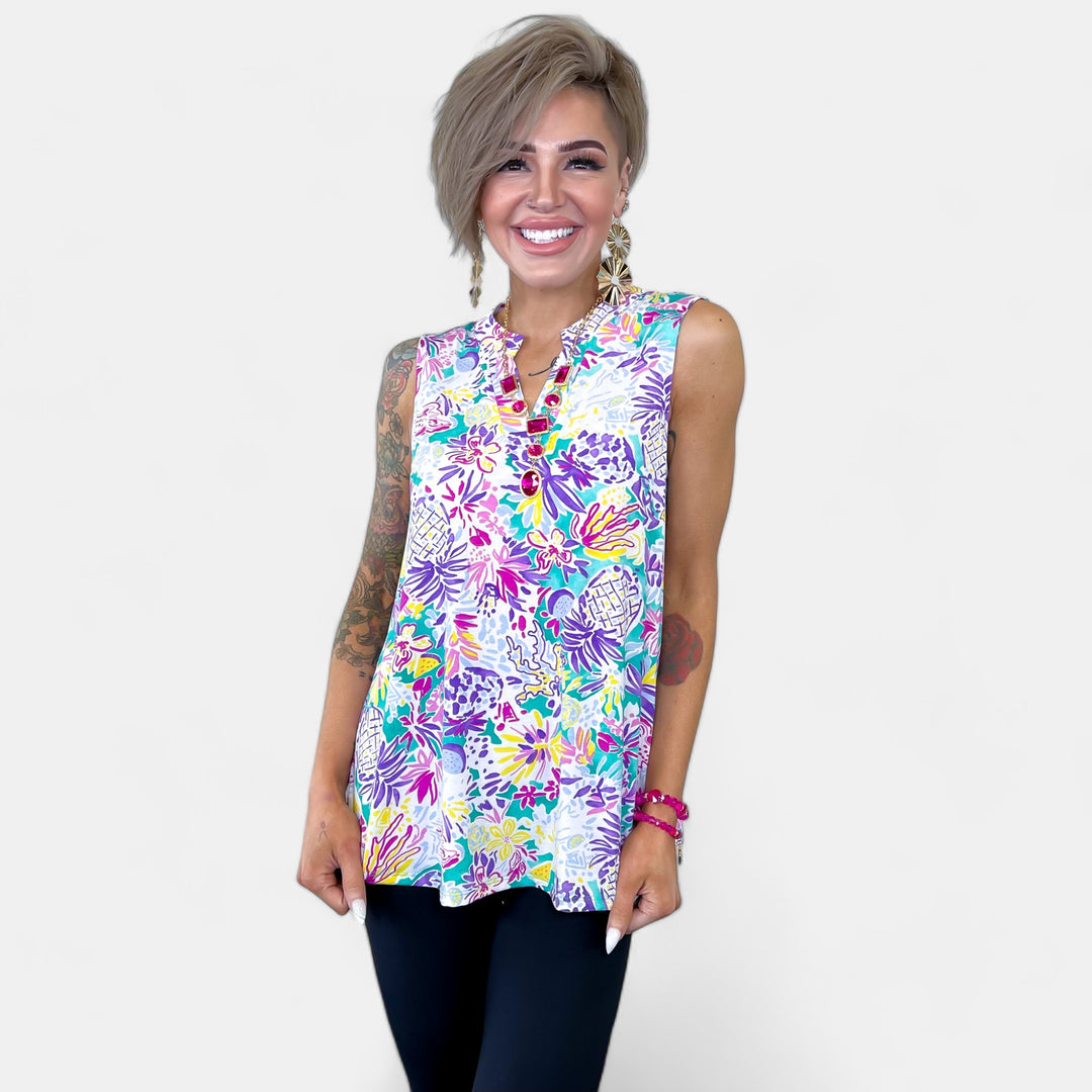 Teal Multi Tropical Lizzy Tank Top