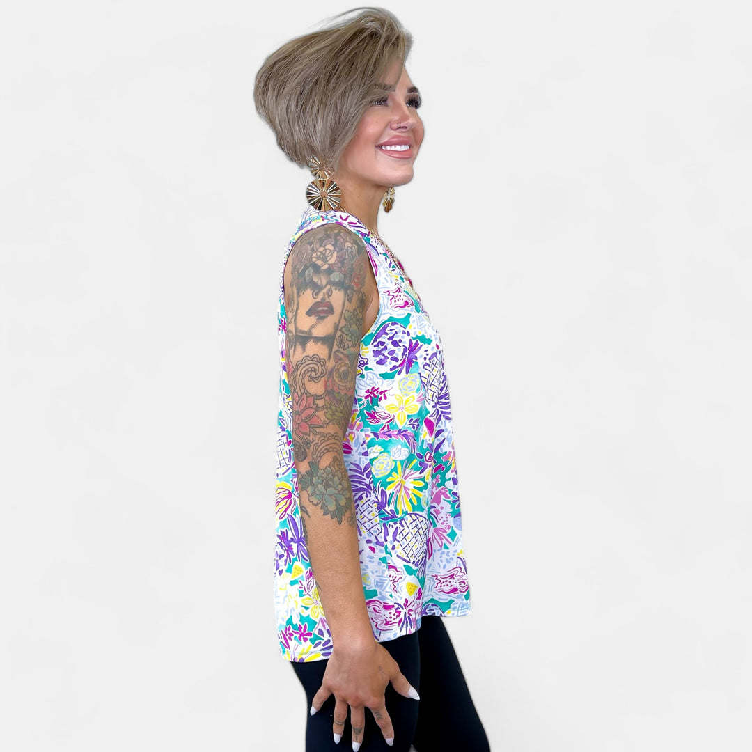 Teal Multi Tropical Lizzy Tank Top