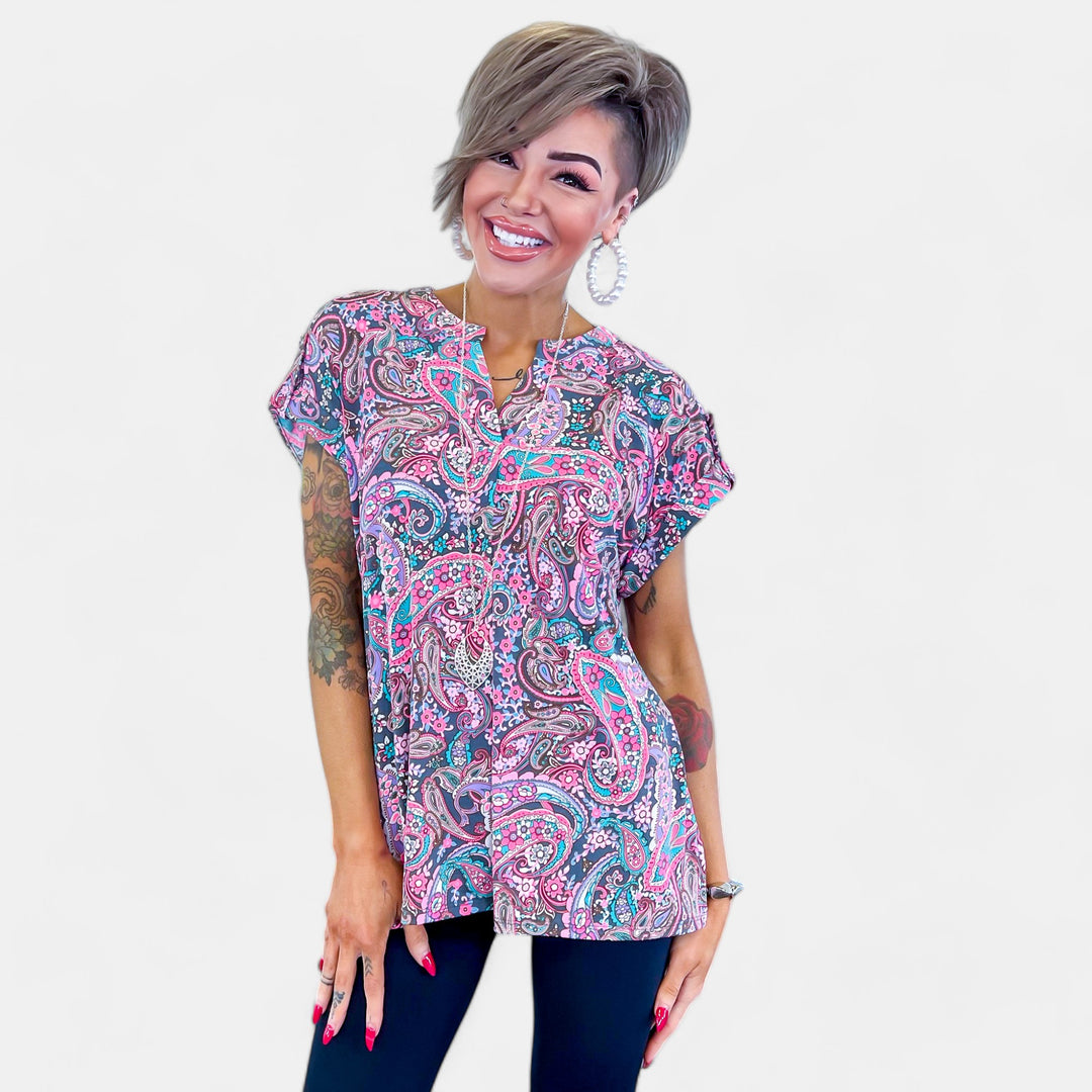 Charcoal Paisley Lizzy Short Sleeve Top