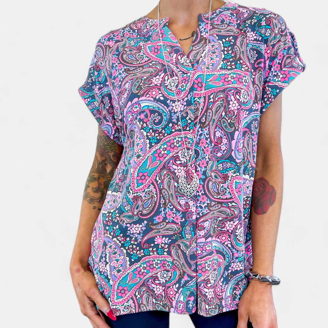 Charcoal Paisley Lizzy Short Sleeve Top