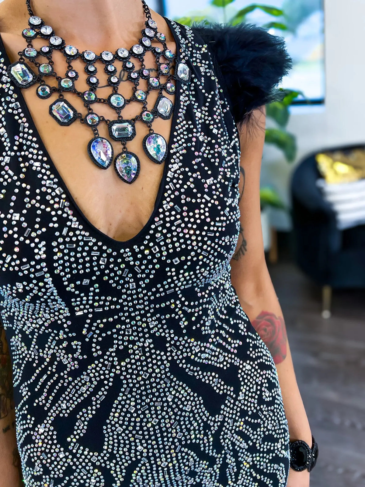 Rhinestone Feather Bodycon Dress | Black Banjul
