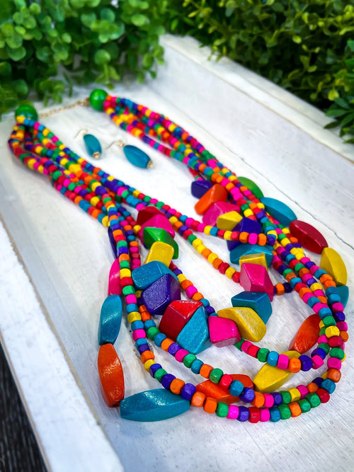 Wood Layered Colored Necklace Set Wona Trading