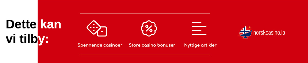 Infografikk om hva vi kan tilby på NorskCasino.io - casinoer, bonuser og nyttige artikler